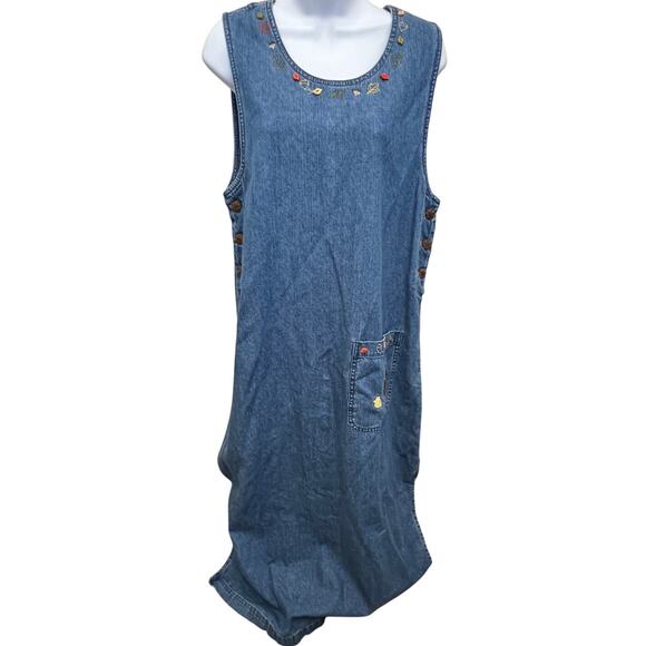Christopher & Banks Dresses & Skirts - Vintage 90s Christopher & Banks M Denim Jean Midi Dress Embroidered Acorn Fall